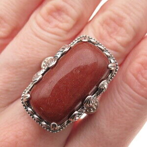 JOY 925 Sterling Silver Vintage Real Red Aventurine Fish Oxidized Ring Size 8.25